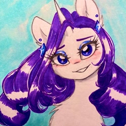 Size: 1024x1024 | Tagged: safe, artist:cherubisous, derpibooru import, rarity, pony, unicorn, bust, chest fluff, ear piercing, earring, female, jewelry, looking at you, piercing, portrait, smiling, solo, traditional art