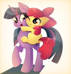 Size: 1443x1515 | Tagged: safe, artist:namaenonaipony, derpibooru import, apple bloom, twilight sparkle, unicorn twilight, earth pony, pony, unicorn, adorabloom, blank flank, blushing, butt, cute, duo, duo female, female, filly, foal, hug, mare, one eye closed, plot