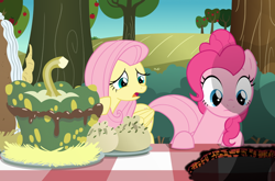 Size: 1024x675 | Tagged: safe, artist:queencold, derpibooru import, fluttershy, pinkie pie, earth pony, pegasus, pony, cake, contest, female, food, hole, lava, mare, show accurate, table