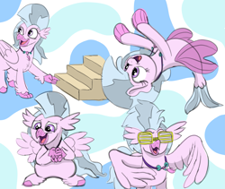 Size: 3541x2987 | Tagged: safe, artist:doodledonutart, derpibooru import, silverstream, hippogriff, seapony (g4), cute, diastreamies, female, happy, jewelry, necklace, open mouth, open smile, smiling, spread wings, stairs, sunglasses, that hippogriff sure does love stairs, wings