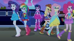 Size: 3410x1920 | Tagged: safe, derpibooru import, screencap, applejack, fluttershy, pinkie pie, rainbow dash, rarity, twilight sparkle, equestria girls, equestria girls (movie), bare shoulders, belt, boots, bracelet, clothes, cowboy boots, cowboy hat, cute, cutie mark on clothes, dashabetes, diapinkes, fall formal outfits, female, hairpin, hat, high res, humane five, humane six, jewelry, limousine, night, open mouth, open smile, shoes, sleeveless, smiling, statue, strapless, twiabetes, twilight ball dress