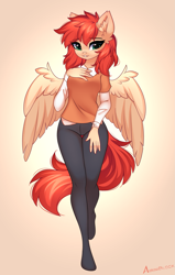 Size: 1393x2196 | Tagged: safe, alternate version, artist:airiniblock, derpibooru import, oc, oc only, oc:firefly, anthro, pegasus, adorasexy, anthro oc, clothes, cute, ear fluff, ears, female, gradient background, looking at you, mare, pants, pegasus oc, sexy, shirt, wings