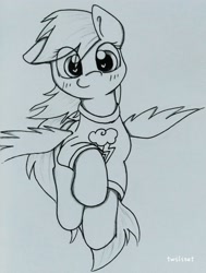 Size: 1958x2584 | Tagged: safe, artist:twiliset, derpibooru import, rainbow dash, pegasus, pony, black and white, clothes, cute, flying, grayscale, heart, heart eyes, monochrome, one ear down, paper, simple background, smiling, solo, spread wings, traditional art, wingding eyes, wings