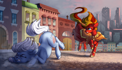 Size: 3490x2000 | Tagged: safe, artist:28gooddays, derpibooru import, oc, oc only, oc:nova glow, earth pony, pony, unicorn, chase, city, cityscape, cloak, clothes, ear piercing, earring, female, glowing, glowing horn, horn, jewelry, leg rings, mare, piercing, tripping
