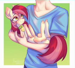 Size: 3330x3000 | Tagged: safe, artist:satan, derpibooru import, roseluck, earth pony, human, pony, behaving like a cat, collar, commission, commissioner:doom9454, cradling, cute, faceless human, female, head out of frame, holding a pony, human male, male, mare, pet collar, pet tag, pony pet, rosepet, smiling