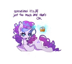 Size: 841x744 | Tagged: safe, artist:maitosoap, derpibooru import, rarity, pony, unicorn, alcohol, dialogue, glass, ice, looking at you, magic, sleep mask, solo, telekinesis, tumbler, unamused