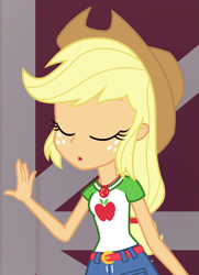 Size: 677x935 | Tagged: safe, derpibooru import, screencap, applejack, better together, equestria girls, holidays unwrapped, cropped, solo, the cider louse fools