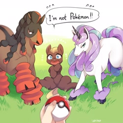 Size: 1800x1800 | Tagged: safe, artist:zakro, derpibooru import, oc, oc only, earth pony, pony, galarian rapidash, looking at you, mudsdale, pokéball, pokémon, rapidash, speech bubble