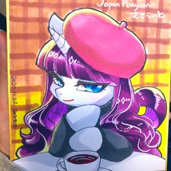 Size: 2048x2048 | Tagged: safe, artist:zakro, derpibooru import, rarity, pony, unicorn, beatnik rarity, beret, clothes, female, hat, horn, lidded eyes, looking at you, mare, solo, sweater