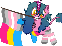 Size: 1229x908 | Tagged: safe, artist:yeetmedownthestairs, derpibooru import, oc, oc only, oc:candy fae, kirin, clothes, commission, cute, demigirl, demigirl pride flag, ear piercing, earring, face paint, fangs, female, flag, grin, jewelry, kirin oc, lip piercing, mouth hold, nose piercing, pansexual, pansexual pride flag, piercing, pride, pride flag, pride month, raised hoof, raised leg, simple background, smiling, socks, solo, striped socks, tattoo, transparent background, ych result