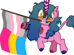 Size: 1229x908 | Tagged: safe, alternate version, artist:yeetmedownthestairs, derpibooru import, oc, oc only, oc:candy fae, kirin, commission, cute, demigirl, demigirl pride flag, ear piercing, earring, face paint, fangs, female, flag, grin, jewelry, kirin oc, lip piercing, mouth hold, nose piercing, pansexual, pansexual pride flag, piercing, pride, pride flag, pride month, raised hoof, raised leg, simple background, smiling, solo, tattoo, transparent background, ych result