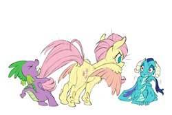 Size: 1000x667 | Tagged: safe, artist:gor1ck, derpibooru import, fluttershy, princess ember, spike, dragon, pegasus, pony, angry, butt, colored wings, colored wingtips, dock, dragoness, emanata, eye contact, eyes closed, fear, feathered fetlocks, female, gritted teeth, looking at each other, male, mare, plot, scared, shivering, simple background, stare, tail, tail pull, teeth, the stare, white background, wings