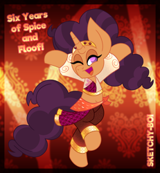 Size: 3600x3900 | Tagged: safe, artist:snakeythingy, derpibooru import, saffron masala, pony, anniversary, bipedal, dancer, gradient background, one eye closed, open mouth, open smile, smiling, wink