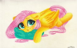 Size: 2560x1611 | Tagged: safe, artist:ev04ka, artist:ev04kaa, derpibooru import, fluttershy, pegasus, pony, female, pillow, rcf community, traditional art