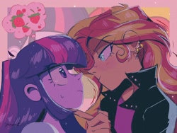 Size: 2048x1536 | Tagged: safe, artist:dreamz, derpibooru import, sunset shimmer, twilight sparkle, equestria girls, equestria girls (movie), clothes, duo, ear piercing, earring, female, food, hand on chin, jacket, jewelry, leather jacket, looking at each other, looking at someone, piercing, scene interpretation, shirt, strawberry, sweat, sweatdrop, t-shirt