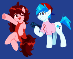 Size: 1982x1582 | Tagged: safe, artist:superkirbylover, derpibooru import, earth pony, pony, arrow, blue background, boyfriend (friday night funkin), boyfriend and girlfriend, cap, clothes, crossover, dress, female, friday night funkin', girlfriend, hat, male, mare, microphone, music notes, one eye closed, shirt, simple background, sitting, smiling, stallion, wink