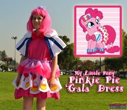 Size: 546x477 | Tagged: safe, artist:thepanther17fan, derpibooru import, pinkie pie, earth pony, human, pony, bow, bowtie, candy, candy corn, clothes, cosplay, costume, dress, female, food, gala dress, grass, hat, house, irl, irl human, lollipop, mare, photo, shoes, smiling, text, tree