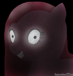 Size: 481x496 | Tagged: safe, artist:thepanther17fan, derpibooru import, pinkie pie, earth pony, pony, black background, creepy, darkness, female, glowing, glowing eyes, mare, pinkamena diane pie, shrunken pupils, simple background, smiling, text