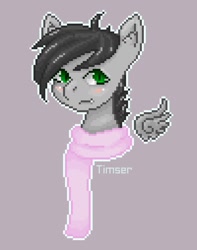 Size: 1000x1270 | Tagged: safe, artist:timser, derpibooru import, oc, oc only, oc:dante fly, pony, undead, vampire, blushing, clothes, half bat pony, pixel art, scarf, simple background, smiling, solo