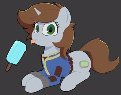 Size: 2694x2115 | Tagged: safe, artist:ponconcarnal, derpibooru import, oc, oc only, oc:littlepip, pony, unicorn, fallout equestria, :p, clothes, cute, female, food, gray background, ice cream, looking at you, lying down, mare, popsicle, prone, simple background, sitting, smiling, solo, tongue, tongue out