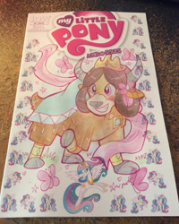 Size: 1024x1280 | Tagged: safe, artist:marybellamy, derpibooru import, princess celestia, yona, alicorn, yak, comic cover, commission, photo, princess