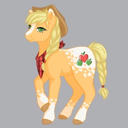 Size: 1773x1773 | Tagged: safe, artist:bunistxr, derpibooru import, applejack, earth pony, pony, applejack's hat, braided ponytail, braided tail, clothes, cowboy hat, female, gray background, hat, mare, neckerchief, redesign, simple background, smiling, solo, tail