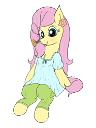 Size: 1923x2550 | Tagged: safe, artist:wapamario63, fluttershy, pegasus, pony, alternate hairstyle, blushing, chest fluff, clothes, cute, dress, female, flat colors, flower, looking at you, mare, pants, shyabetes, simple background, sitting, solo, transparent background