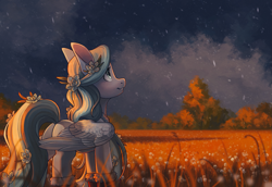 Size: 2437x1675 | Tagged: safe, artist:koviry, derpibooru import, oc, oc only, pegasus, pony, boots, butt, clothes, commission, female, field, flower, flower in hair, looking up, mare, plot, scenery, shoes, smiling, solo, ych result