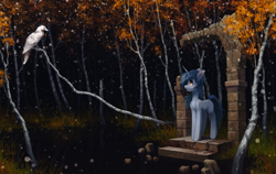 Size: 2843x1800 | Tagged: safe, artist:koviry, derpibooru import, oc, oc only, bird, pony, unicorn, commission, forest, open mouth, scenery, solo, ych result