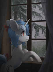 Size: 1500x2039 | Tagged: safe, artist:koviry, derpibooru import, oc, oc only, oc:clair, oc:clairvoyance, pony, unicorn, curtains, grass, horn, looking out the window, male, rain, raised tail, smiling, solo, stallion, tail, tree, window