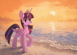 Size: 2032x1462 | Tagged: safe, artist:koviry, derpibooru import, twilight sparkle, twilight sparkle (alicorn), alicorn, pony, beach, commission, female, lidded eyes, mare, raised hoof, raised leg, scenery, smiling, solo, sun, water, ych example, your character here