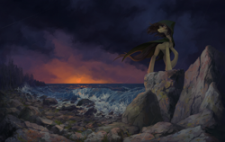 Size: 2618x1658 | Tagged: safe, artist:koviry, derpibooru import, oc, oc only, earth pony, pony, commission, ocean, rain, rock, scenery, solo, water, wave