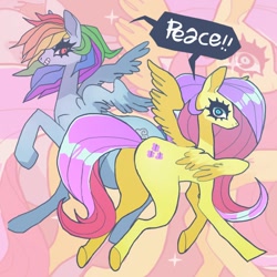 Size: 850x850 | Tagged: safe, artist:maitosoap, derpibooru import, fluttershy, rainbow dash, pegasus, pony, butt, dialogue, duo, grin, looking at you, plot, smiling, spread wings, wings, zoom layer