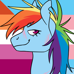 Size: 1157x1157 | Tagged: safe, artist:spartalabouche, derpibooru import, part of a set, rainbow dash, pegasus, pony, beanbrows, bust, eyebrows, female, lesbian pride flag, pride, pride flag, scar, smiling, solo, torn ear, transgender pride flag