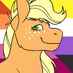 Size: 1157x1157 | Tagged: safe, artist:spartalabouche, derpibooru import, part of a set, applejack, earth pony, pony, beanbrows, bust, eyebrows, female, lesbian pride flag, nonbinary pride flag, pride, pride flag, scar, smiling, solo