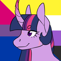 Size: 1157x1157 | Tagged: safe, artist:spartalabouche, derpibooru import, part of a set, twilight sparkle, pony, unicorn, beanbrows, bisexual pride flag, bust, chipped horn, curved horn, eyebrows, female, gradient horn, horn, nonbinary pride flag, pride, pride flag, scar, smiling, solo