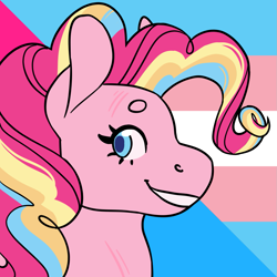 Size: 1157x1157 | Tagged: safe, alternate version, artist:spartalabouche, derpibooru import, part of a set, pinkie pie, earth pony, pony, beanbrows, bust, eyebrows, female, pansexual pride flag, pride, pride flag, rainbow power, scar, smiling, solo, transgender pride flag