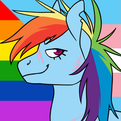 Size: 1157x1157 | Tagged: safe, alternate version, artist:spartalabouche, derpibooru import, part of a set, rainbow dash, pegasus, pony, beanbrows, bust, eyebrows, female, gay pride flag, pride, pride flag, rainbow power, scar, smiling, solo, torn ear, transgender pride flag