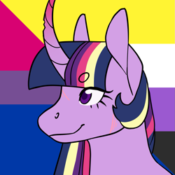 Size: 1157x1157 | Tagged: safe, alternate version, artist:spartalabouche, derpibooru import, part of a set, twilight sparkle, pony, unicorn, beanbrows, bisexual pride flag, bust, chipped horn, curved horn, eyebrows, female, gradient horn, horn, nonbinary pride flag, pride, pride flag, rainbow power, scar, smiling, solo