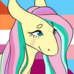 Size: 1157x1157 | Tagged: safe, alternate version, artist:spartalabouche, derpibooru import, part of a set, fluttershy, pegasus, pony, beanbrows, bust, eyebrows, female, lesbian pride flag, pride, pride flag, rainbow power, scar, solo, transgender pride flag