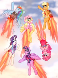 Size: 3000x4000 | Tagged: safe, artist:ponykittenboi, derpibooru exclusive, derpibooru import, applejack, fluttershy, pinkie pie, rainbow dash, rarity, twilight sparkle, twilight sparkle (alicorn), alicorn, earth pony, pegasus, pony, unicorn, clothes, cloud, cute, cutie mark on clothes, ears, excited, feather, female, fire, floppy ears, flying, glitter, hatless, jetpack, leotard, mane six, mare, missing accessory, pinkie being pinkie, requested art, ruffles, scared, sky, smiling, sparkles, sparkly