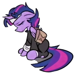 Size: 383x376 | Tagged: safe, artist:jakeneutron, derpibooru import, twilight sparkle, twilight sparkle (alicorn), alicorn, pony, bag, dusk till dawn, ears, eyes closed, female, floppy ears, frown, horn, mare, sad, saddle bag, sitting, wings