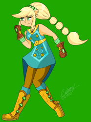 Size: 1280x1723 | Tagged: safe, artist:denisseguadiana, derpibooru import, applejack, equestria girls, legend of everfree, boots, cowboy boots, crystal guardian, green background, high heel boots, shoes, simple background, solo