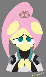 Size: 490x812 | Tagged: safe, artist:realgero, derpibooru import, fluttershy, anthro, pegasus, alternate hairstyle, bust, clothes, crossover, ears, female, floppy ears, gray background, hooves together, looking at you, looking up, looking up at you, no pupils, shy, simple background, solo, valorant, video game reference