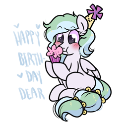 Size: 1000x1000 | Tagged: safe, artist:paperbagpony, derpibooru import, oc, oc:river chime, bells, blushing, food, happy birthday, hat, muffin, party hat, simple background, white background