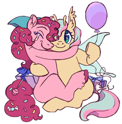 Size: 1280x1305 | Tagged: safe, artist:universal-heart, derpibooru import, fluttershy, pinkie pie, earth pony, flutter pony, pegasus, pony, balloon, crying, female, flutterpie, hug, lesbian, mare, missing cutie mark, one eye closed, present, race swap, shipping, simple background, tears of joy, transparent background