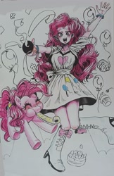 Size: 2370x3656 | Tagged: safe, artist:zzugguri, derpibooru import, pinkie pie, earth pony, pony, equestria girls, balloon, boots, cake, clothes, duality, eyes closed, food, high heel boots, human ponidox, open mouth, open smile, party horn, ponk, self paradox, self ponidox, shoes, smiling, traditional art