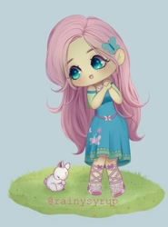 Size: 1584x2136 | Tagged: safe, artist:rainysyrup, derpibooru import, fluttershy, rabbit, equestria girls, animal, blue background, chibi, clothes, cute, dress, hands together, shyabetes, signature, simple background, solo