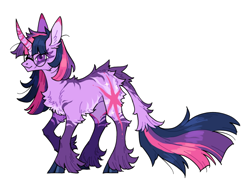 Size: 640x479 | Tagged: safe, artist:xenon, derpibooru import, twilight sparkle, unicorn twilight, pony, unicorn, cloven hooves, curved horn, cutie mark, female, fluffy, glasses, horn, leonine tail, mare, raised hoof, raised leg, redesign, round glasses, scruffy, simple background, smiling, solo, tail, transparent background, unshorn fetlocks, white outline