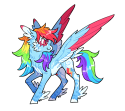 Size: 640x569 | Tagged: safe, artist:xenon, derpibooru import, rainbow dash, pegasus, pony, colored wings, cutie mark, feathered fetlocks, female, looking back, multicolored wings, raised hoof, raised leg, redesign, simple background, smiling, solo, spread wings, transparent background, wings